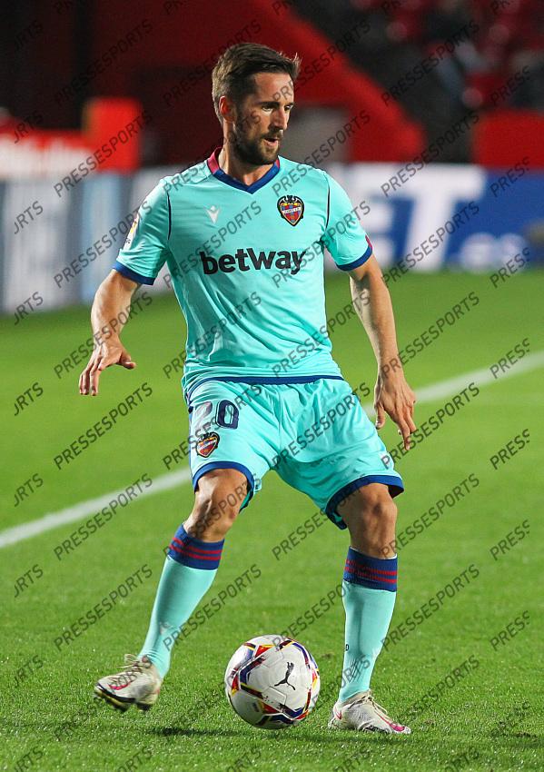 Jorge Miramon of Levante UD controls the ball during the La Liga football match played between Granada CF and Levante UD at Nuevo los Carmenes stadium on November 01, 2020 in Granada, Spain. 