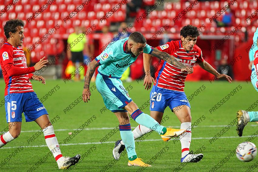 Roger Marti of Levante UD shoot the ball during the La Liga football match played between Granada CF and Levante UD at Nuevo los Carmenes stadium on November 01, 2020 in Granada, Spain. 