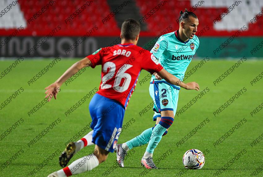 Francisco Javier Hidalgo "Son" of Levante UD controls the ball during the La Liga football match played between Granada CF and Levante UD at Nuevo los Carmenes stadium on November 01, 2020 in Granada, Spain. 