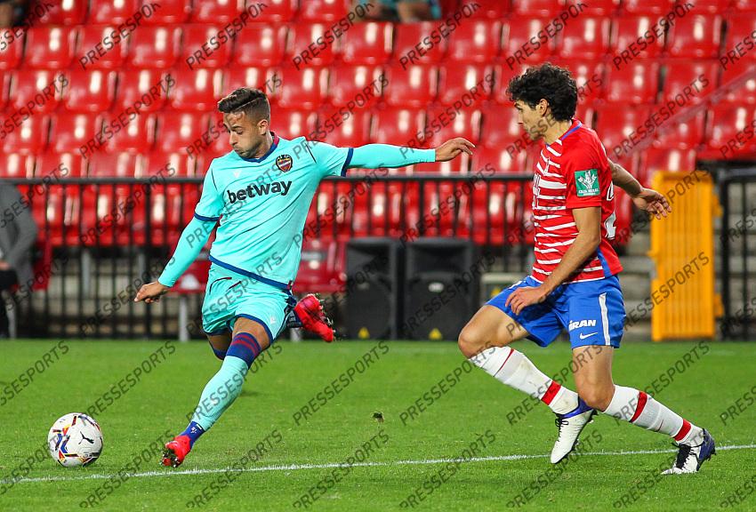 Sergio Leon of Levante UD and Jesus Vallejo of Granada CF in action during the La Liga football match played between Granada CF and Levante UD at Nuevo los Carmenes stadium on November 01, 2020 in Granada, Spain. 