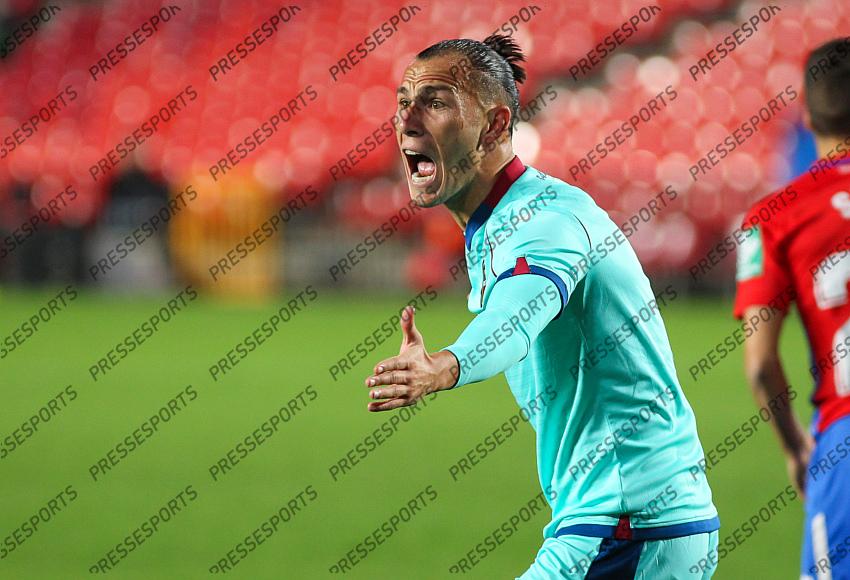 Francisco Javier Hidalgo "Son" of Levante UD protest during the La Liga football match played between Granada CF and Levante UD at Nuevo los Carmenes stadium on November 01, 2020 in Granada, Spain. 