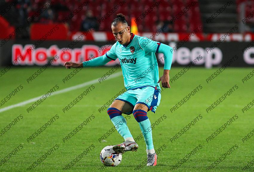 Francisco Javier Hidalgo "Son" of Levante UD controls the ball during the La Liga football match played between Granada CF and Levante UD at Nuevo los Carmenes stadium on November 01, 2020 in Granada, Spain. 