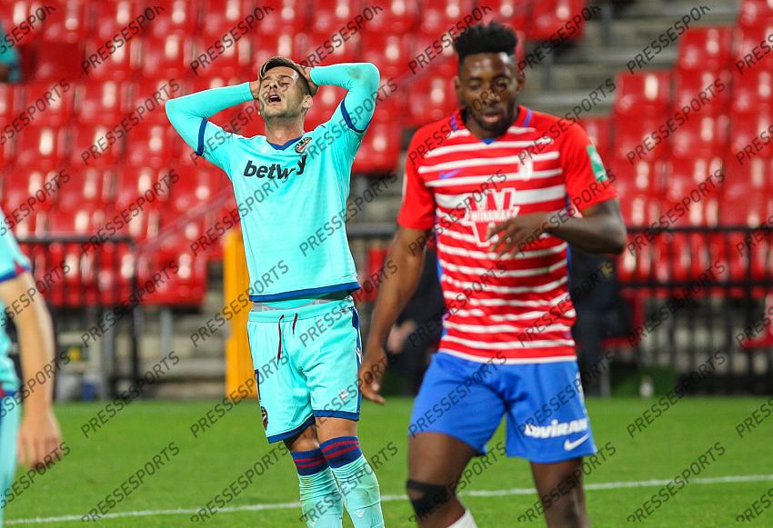 Sergio Leon of Levante UD lamenting during the La Liga football match played between Granada CF and Levante UD at Nuevo los Carmenes stadium on November 01, 2020 in Granada, Spain. 