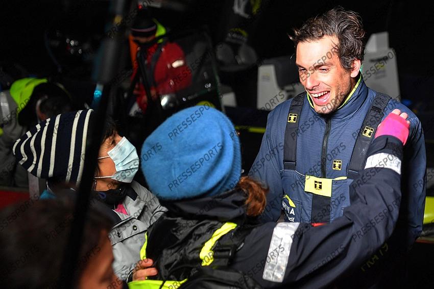 Sailing - Vendee Globe - Les Sables-d'Olonne, France - January 27, 2021 APIVIA's skipper Charlie Dalin celebrates with his sister Pool via REUTERS/Loic Venance 