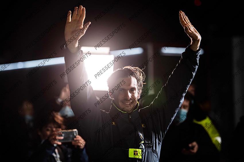 French skipper Charlie Dalin, 36, who sailed his Imoca 60 monohull 'Apivia' in the 2020/2021 ninth edition of the Vendee Globe round-the-world solo race, celebrates after crossing the finish line at Les Sables d'Olonne, western France, on January 27, 2021. - Dalin completed the epic race in 80 days, six hours, 15 minutes and 47 seconds. However, Germany's Boris Herrmann (SeaExplorer-Yacht Club de Monaco) and France's Yannick Bestaven (Maitre coq IV) are still in the running for the title. (Photo by LOIC VENANCE / POOL / AFP) 