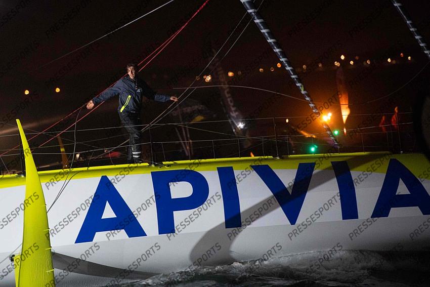 French skipper Charlie Dalin, 36, who sailed his Imoca 60 monohull 'Apivia' in the 2020/2021 ninth edition of the Vendee Globe round-the-world solo race, celebrates after crossing the finish line at Les Sables d'Olonne, western France, on January 27, 2021. - Dalin completed the epic race in 80 days, six hours, 15 minutes and 47 seconds. However, Germany's Boris Herrmann (SeaExplorer-Yacht Club de Monaco) and France's Yannick Bestaven (Maitre coq IV) are still in the running for the title. (Photo by LOIC VENANCE / POOL / AFP) 