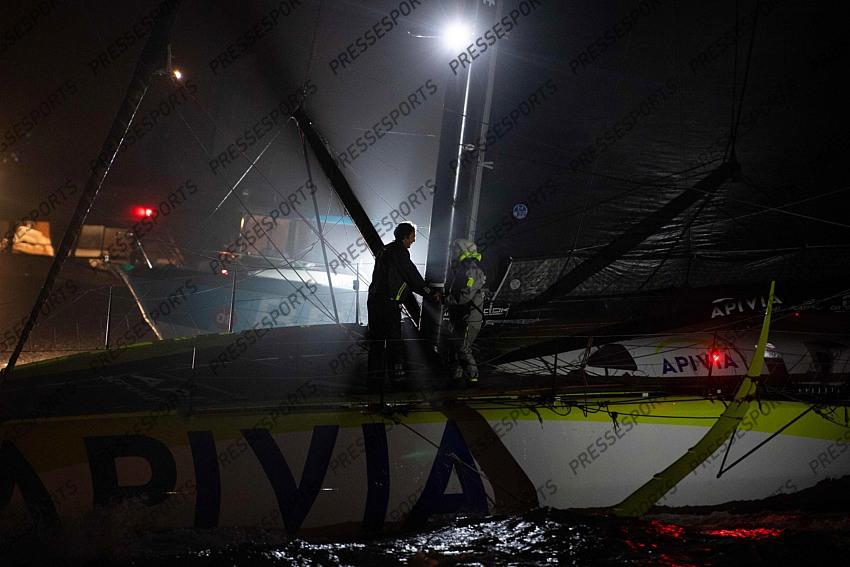 French skipper Charlie Dalin, 36, who sailed his Imoca 60 monohull 'Apivia' in the 2020/2021 ninth edition of the Vendee Globe round-the-world solo race, celebrates after crossing the finish line at Les Sables d'Olonne, western France, on January 27, 2021. - Dalin completed the epic race in 80 days, six hours, 15 minutes and 47 seconds. However, Germany's Boris Herrmann (SeaExplorer-Yacht Club de Monaco) and France's Yannick Bestaven (Maitre coq IV) are still in the running for the title. (Photo by LOIC VENANCE / POOL / AFP) 