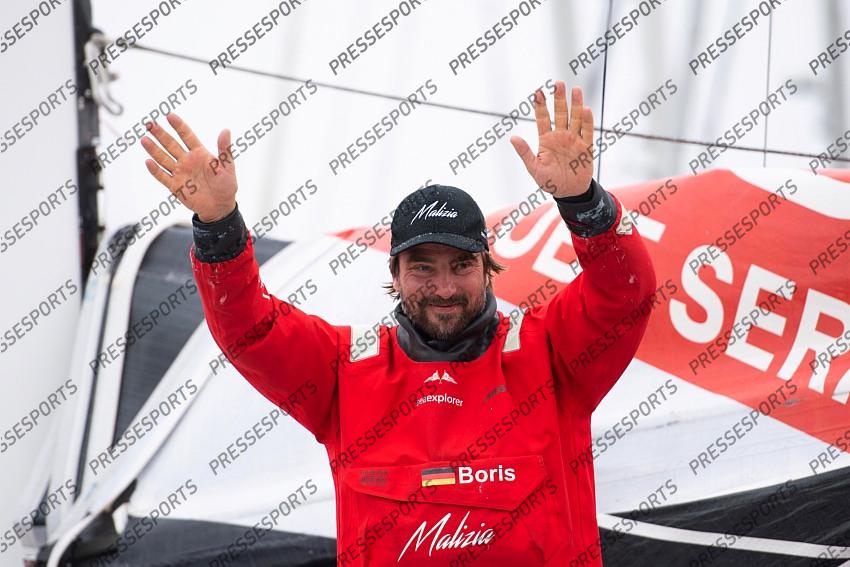 German skipper Boris Herrmann after crossing the finish line of the Vendee Globe round-the-world solo sailing race, at Les Sables d'Olonne, western France, Thursday, Jan. 28, 2021. French sailor Yannick Bestaven won the Vendee Globe solo round-the-world race after more than 80 days and an unusually close final few hours to determine the winner on Thursday. (Loic Venance, Pool via AP) 