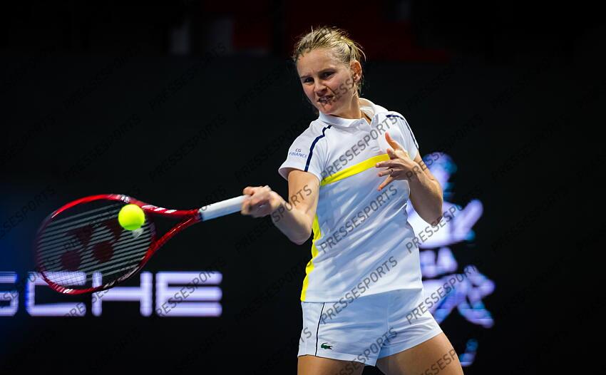 Fiona Ferro of France in action during her second-round match at the 2021 St. Petersburg Ladies Trophy WTA 500 tournament against Vera Zvonareva of Russia 