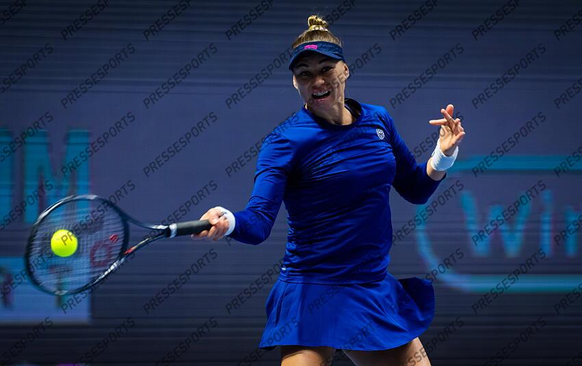 Vera Zvonareva of Russia in action during her second-round match at the 2021 St. Petersburg Ladies Trophy WTA 500 tournament against 