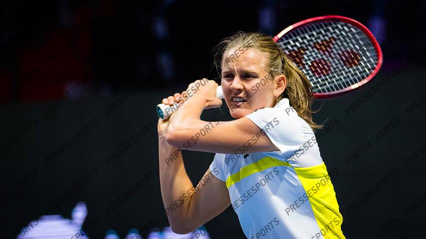 Fiona Ferro of France in action during her second-round match at the 2021 St. Petersburg Ladies Trophy WTA 500 tournament against Vera Zvonareva of Russia 