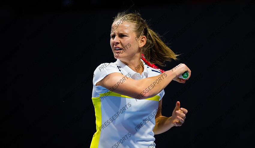 Fiona Ferro of France in action during her second-round match at the 2021 St. Petersburg Ladies Trophy WTA 500 tournament against Vera Zvonareva of Russia 
