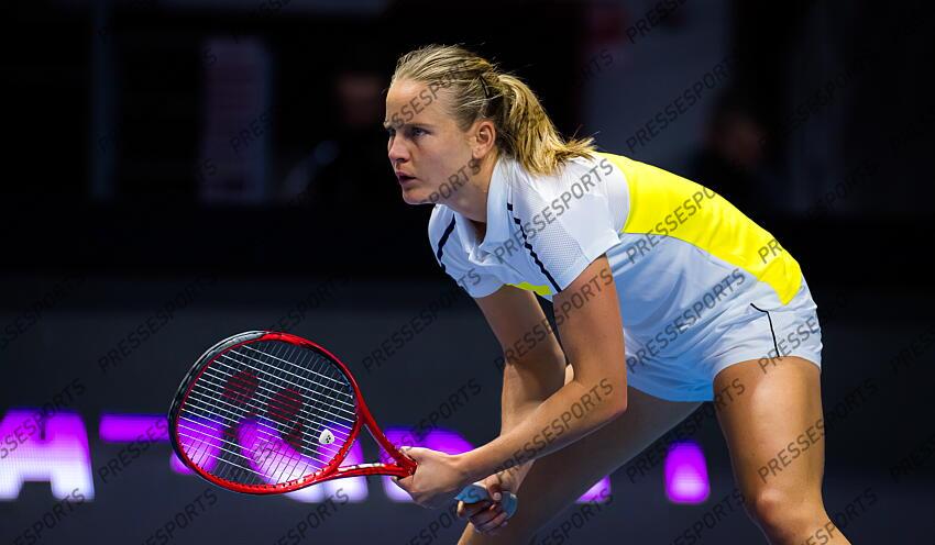 Fiona Ferro of France in action during her second-round match at the 2021 St. Petersburg Ladies Trophy WTA 500 tournament against Vera Zvonareva of Russia 