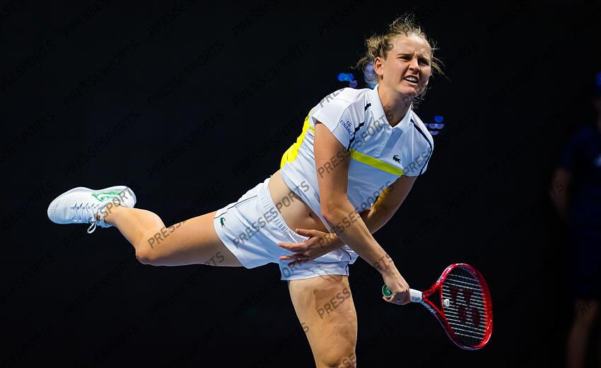 Fiona Ferro of France in action during her second-round match at the 2021 St. Petersburg Ladies Trophy WTA 500 tournament against Vera Zvonareva of Russia 