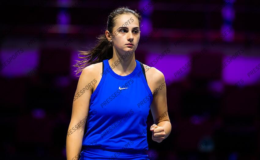 Anastasia Gasanova of Russia in action during her first-round match at the 2021 St. Petersburg Ladies Trophy WTA 500 tournament against Katarina Zavatska of Ukraine 