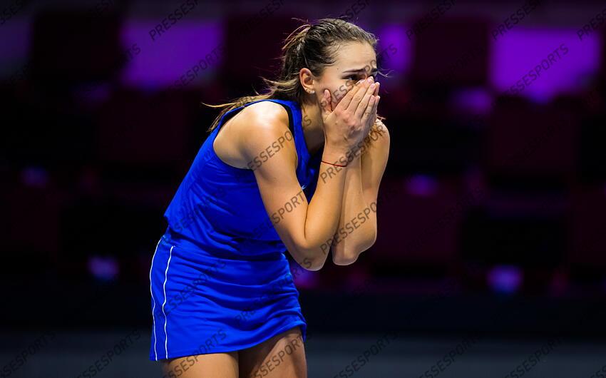 Anastasia Gasanova of Russia in action during her first-round match at the 2021 St. Petersburg Ladies Trophy WTA 500 tournament against Katarina Zavatska of Ukraine 
