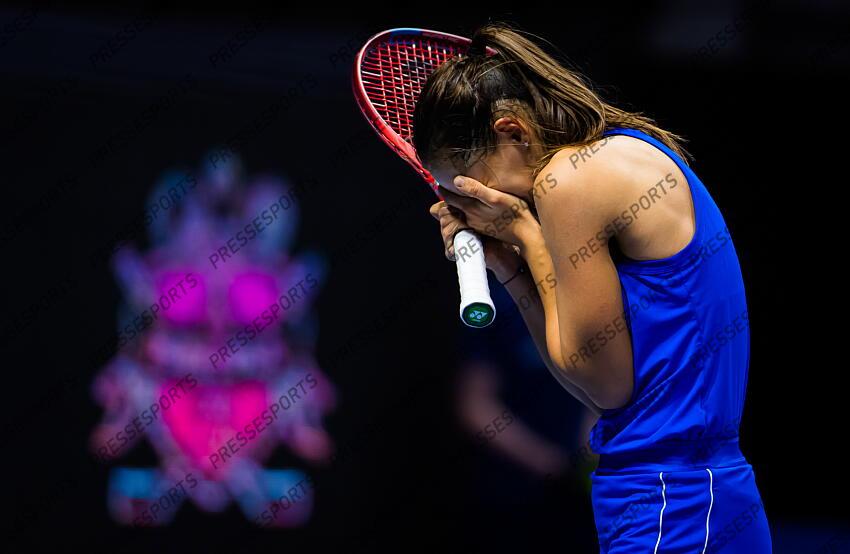Anastasia Gasanova of Russia in action during her first-round match at the 2021 St. Petersburg Ladies Trophy WTA 500 tournament against Katarina Zavatska of Ukraine 