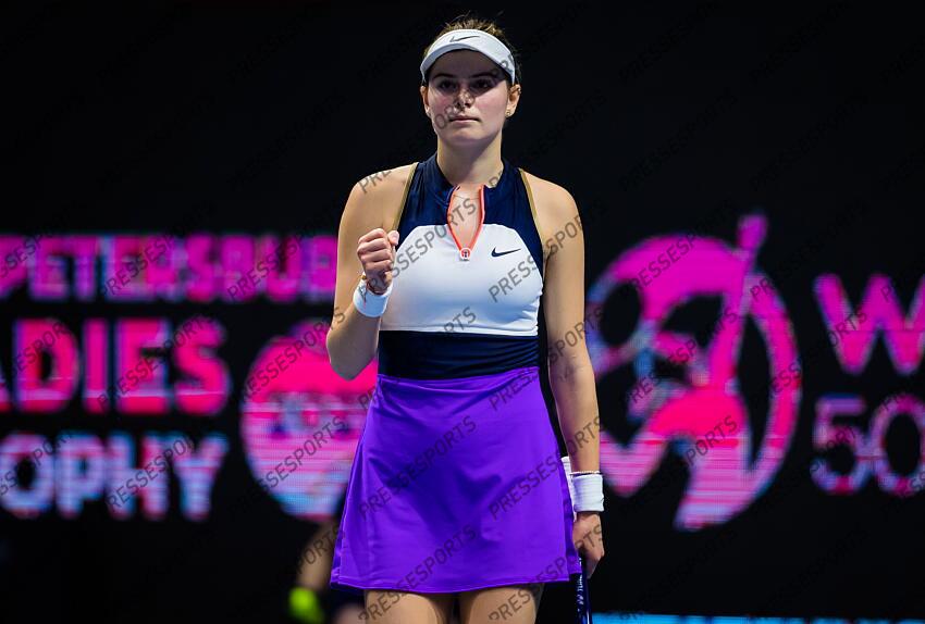 Katarina Zavatska of Ukraine in action during her first-round match at the 2021 St. Petersburg Ladies Trophy WTA 500 tournament against Anastasia Gasanova of Russia 