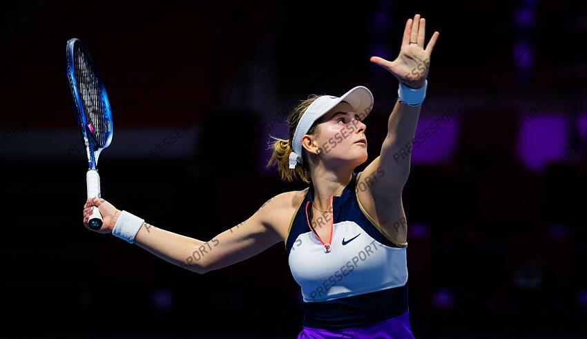 Katarina Zavatska of Ukraine in action during her first-round match at the 2021 St. Petersburg Ladies Trophy WTA 500 tournament against Anastasia Gasanova of Russia 