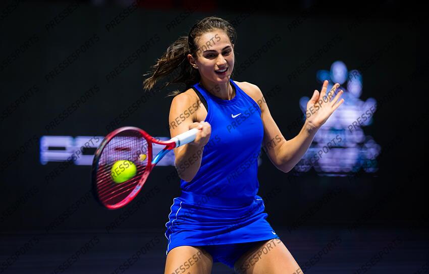 Anastasia Gasanova of Russia in action during her first-round match at the 2021 St. Petersburg Ladies Trophy WTA 500 tournament against Katarina Zavatska of Ukraine 