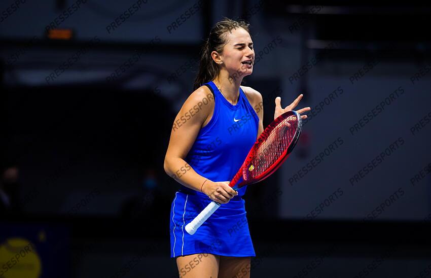Anastasia Gasanova of Russia in action during her first-round match at the 2021 St. Petersburg Ladies Trophy WTA 500 tournament against Katarina Zavatska of Ukraine 
