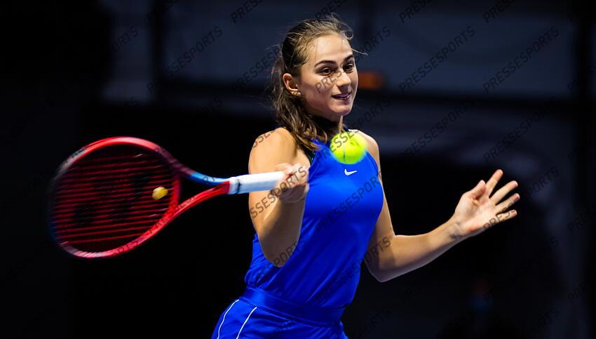 Anastasia Gasanova of Russia in action during her first-round match at the 2021 St. Petersburg Ladies Trophy WTA 500 tournament against Katarina Zavatska of Ukraine 