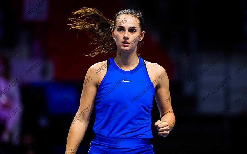 Anastasia Gasanova of Russia in action during her first-round match at the 2021 St. Petersburg Ladies Trophy WTA 500 tournament against Katarina Zavatska of Ukraine 
