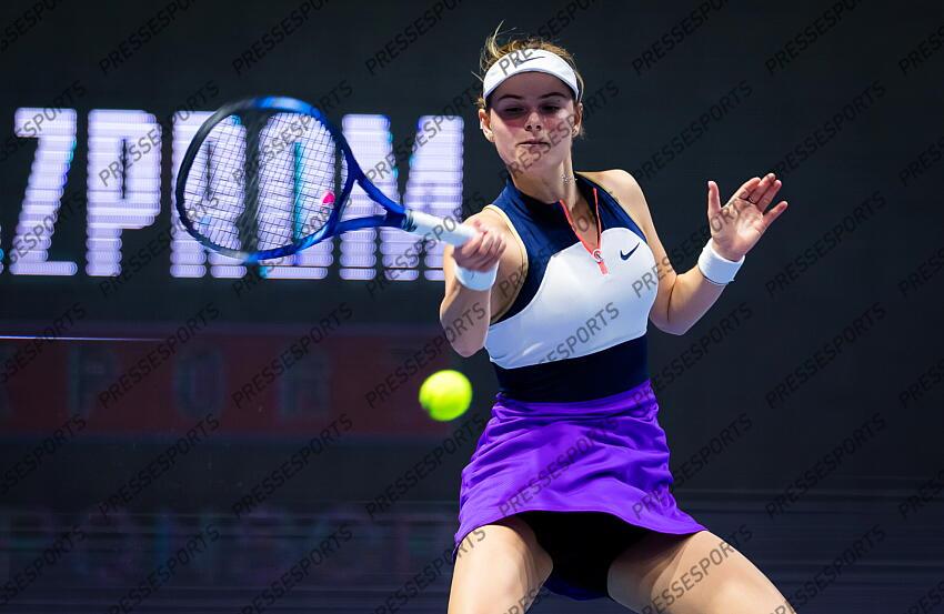 Katarina Zavatska of Ukraine in action during her first-round match at the 2021 St. Petersburg Ladies Trophy WTA 500 tournament against Anastasia Gasanova of Russia 