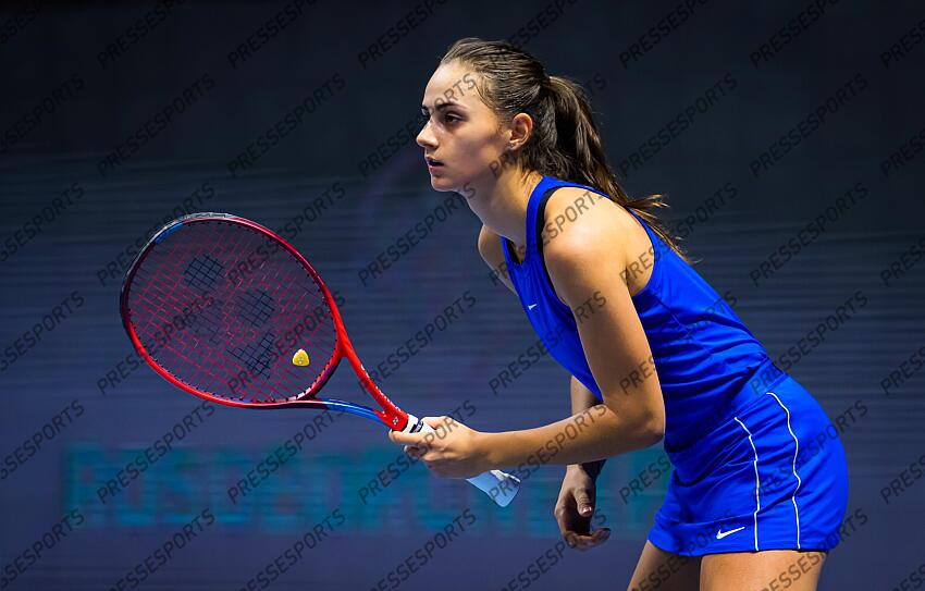 Anastasia Gasanova of Russia in action during her first-round match at the 2021 St. Petersburg Ladies Trophy WTA 500 tournament 