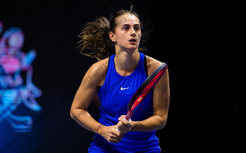 Anastasia Gasanova of Russia in action during her first-round match at the 2021 St. Petersburg Ladies Trophy WTA 500 tournament 