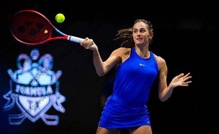 Anastasia Gasanova of Russia in action during her first-round match at the 2021 St. Petersburg Ladies Trophy WTA 500 tournament 