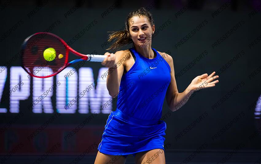 Anastasia Gasanova of Russia in action during her first-round match at the 2021 St. Petersburg Ladies Trophy WTA 500 tournament 