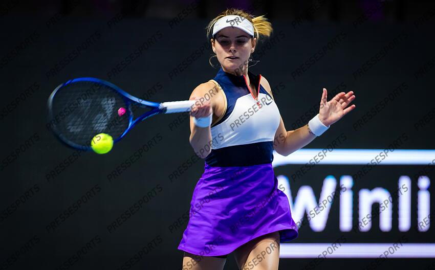 Katarina Zavatska of Ukraine in action during her first-round match at the 2021 St. Petersburg Ladies Trophy WTA 500 tournament against Anastasia Gasanova of Russia 
