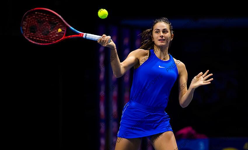 Anastasia Gasanova of Russia in action during her first-round match at the 2021 St. Petersburg Ladies Trophy WTA 500 tournament 
