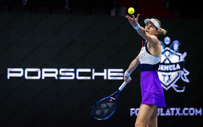 Katarina Zavatska of Ukraine in action during her first-round match at the 2021 St. Petersburg Ladies Trophy WTA 500 tournament against Anastasia Gasanova of Russia 