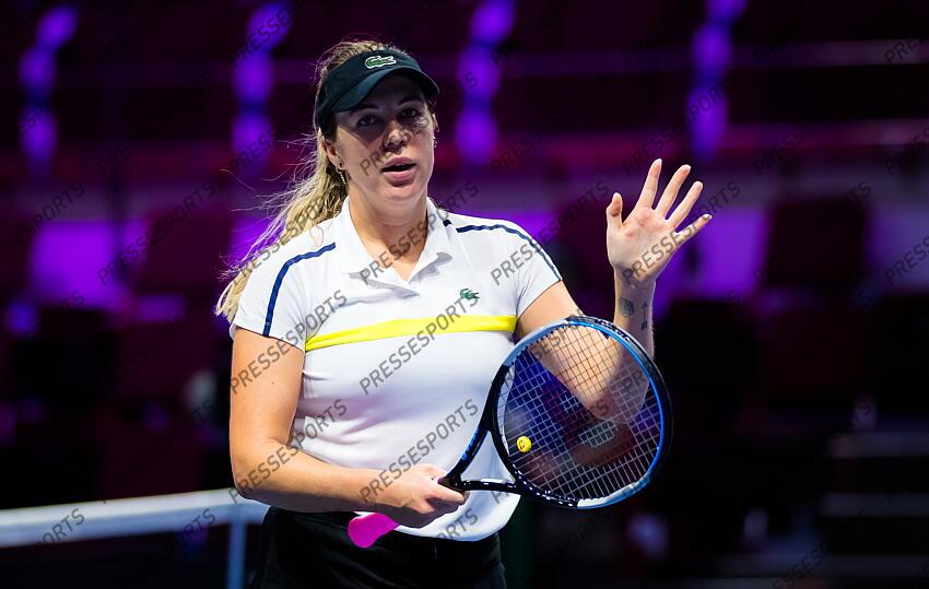 Anastasia Pavlyuchenkova of Russia in action during her first-round match at the 2021 St. Petersburg Ladies Trophy WTA 500 tournament against Cagla Buyukakcay of Turkey 