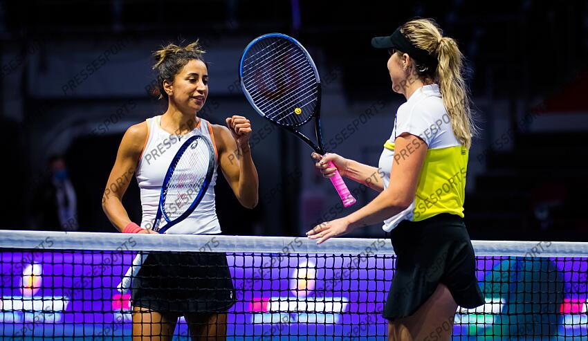 Cagla Buyukakcay of Turkey & Anastasia Pavlyuchenkova of Russia at the net after their first-round match at the 2021 St. Petersburg Ladies Trophy WTA 500 tournament 