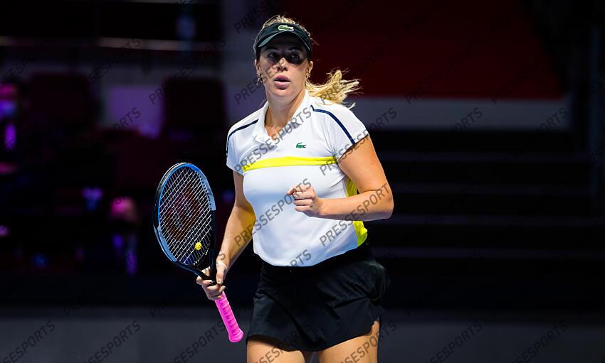 Anastasia Pavlyuchenkova of Russia in action during her first-round match at the 2021 St. Petersburg Ladies Trophy WTA 500 tournament against Cagla Buyukakcay of Turkey 