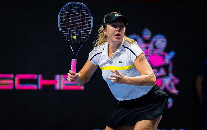 Anastasia Pavlyuchenkova of Russia in action during her first-round match at the 2021 St. Petersburg Ladies Trophy WTA 500 tournament against Cagla Buyukakcay of Turkey 