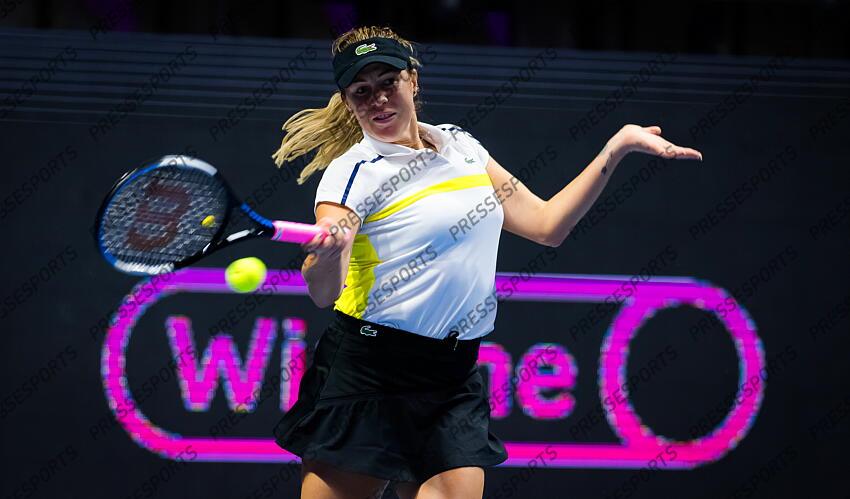 Anastasia Pavlyuchenkova of Russia in action during her first-round match at the 2021 St. Petersburg Ladies Trophy WTA 500 tournament against Cagla Buyukakcay of Turkey 