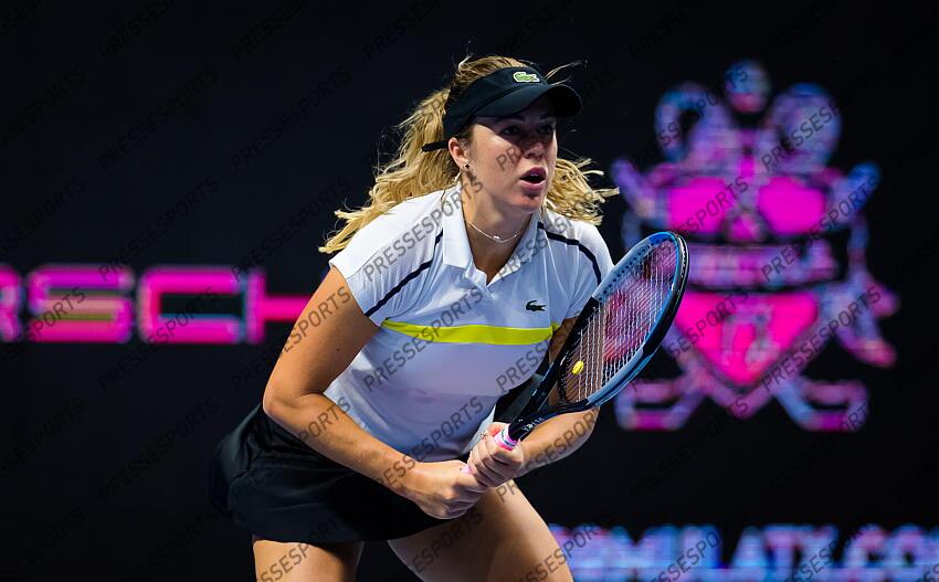 Anastasia Pavlyuchenkova of Russia in action during her first-round match at the 2021 St. Petersburg Ladies Trophy WTA 500 tournament against Cagla Buyukakcay of Turkey 