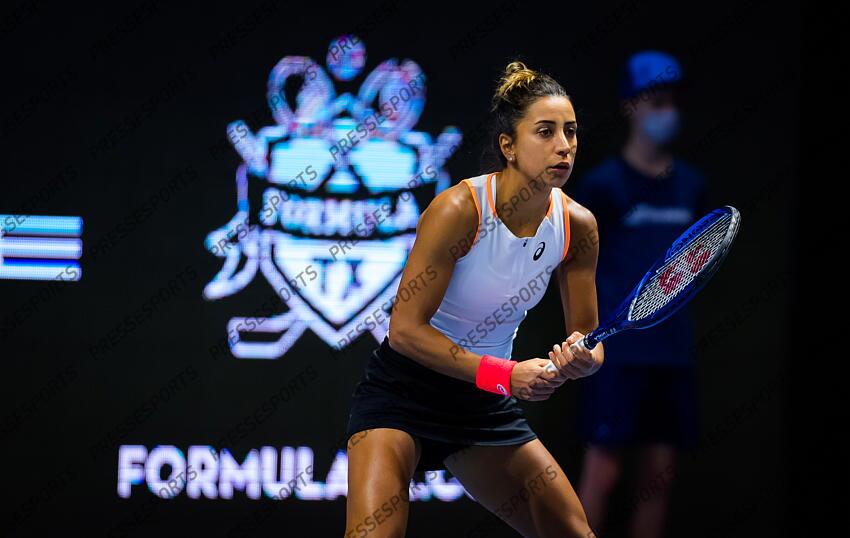 Cagla Buyukakcay of Turkey in action during her first-round match at the 2021 St. Petersburg Ladies Trophy WTA 500 tournament against Anastasia Pavlyuchenkova of Russia 