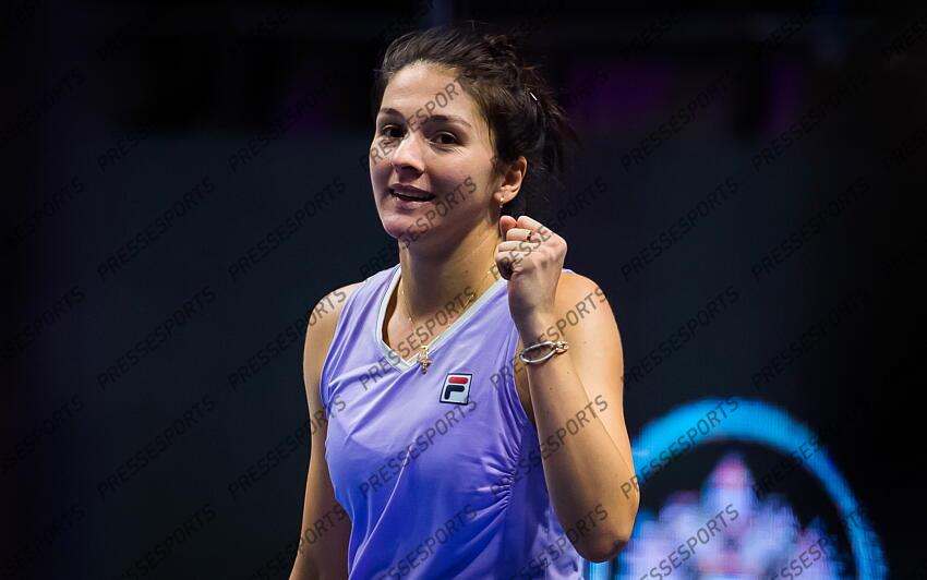 Margarita Gasparyan of Russia in action during her first-round match at the 2021 St. Petersburg Ladies Trophy WTA 500 tournament against Kristina Mladenovic of France 
