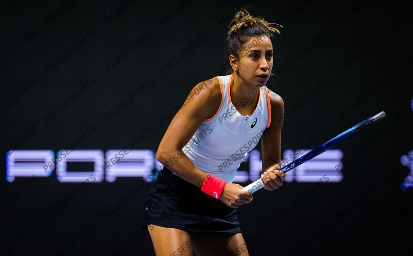 Cagla Buyukakcay of Turkey in action during her first-round match at the 2021 St. Petersburg Ladies Trophy WTA 500 tournament against Anastasia Pavlyuchenkova of Russia 