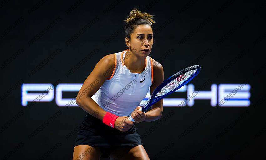Cagla Buyukakcay of Turkey in action during her first-round match at the 2021 St. Petersburg Ladies Trophy WTA 500 tournament against Anastasia Pavlyuchenkova of Russia 