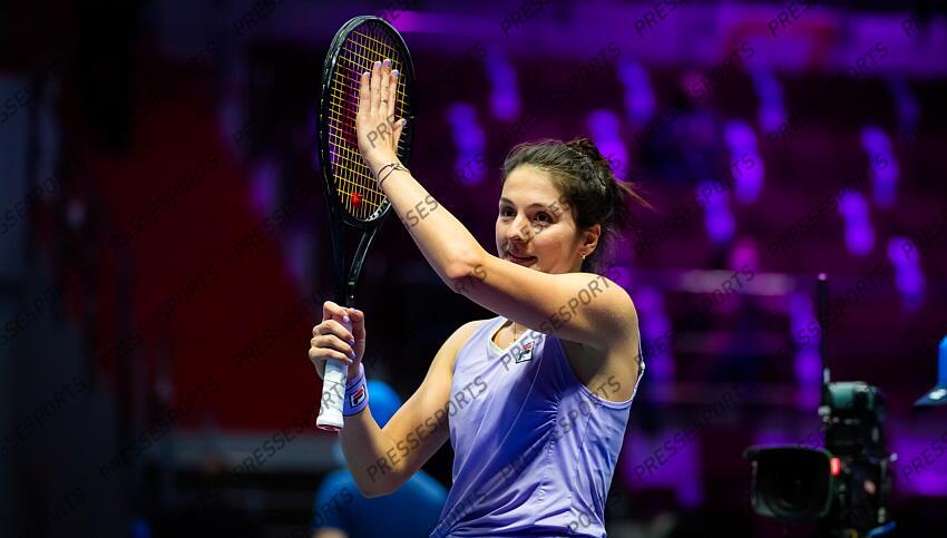 Margarita Gasparyan of Russia in action during her first-round match at the 2021 St. Petersburg Ladies Trophy WTA 500 tournament against Kristina Mladenovic of France 
