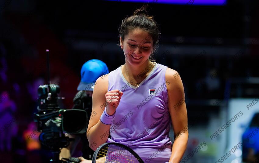 Margarita Gasparyan of Russia in action during her first-round match at the 2021 St. Petersburg Ladies Trophy WTA 500 tournament against Kristina Mladenovic of France 