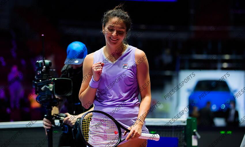 Margarita Gasparyan of Russia in action during her first-round match at the 2021 St. Petersburg Ladies Trophy WTA 500 tournament against Kristina Mladenovic of France 