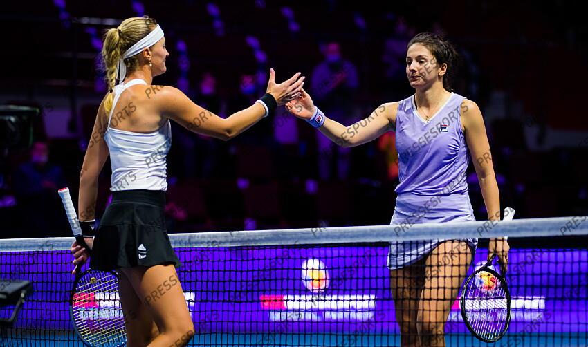 Kristina Mladenovic of France & Margarita Gasparyan of Russia in action during her first-round match at the 2021 St. Petersburg Ladies Trophy WTA 500 tournament 