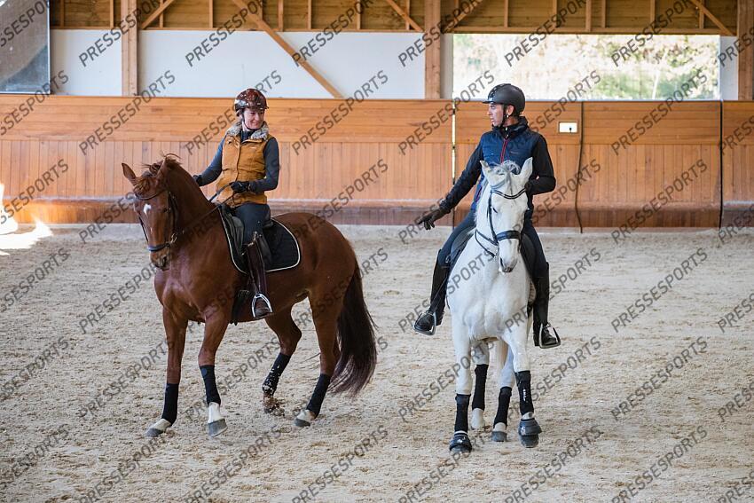 Elevage MASSA. Arnaud SERRE avec Vistoso de Massa et Anne-Sophie SERRE avec Dynastie de Massa. Photographie Eric KNOLL Elevage MASSA avec Arnaud et Anne Sophie SERRE 